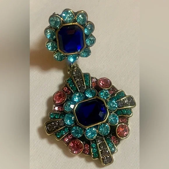 Heidi Daus Blue & Pink 2.5” Dangle Earrings Omega Pierced Signed - Picture 2 of 4